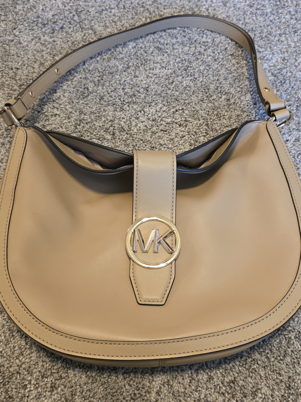Michael Kors Taupe Shoulder Bag with Gold MK Emblem